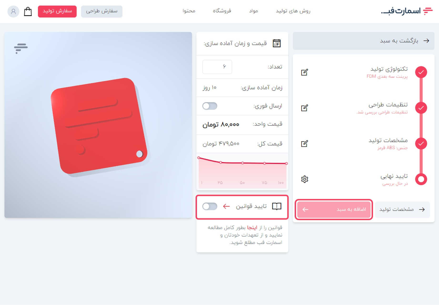 تایید قوانین اسمارت فب و افزودن سفارش به سبد خرید.